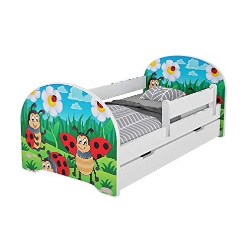 MEBLEX Kinderbett mit Rausfallschutz, Matratze und Schubladen, für Mädchen und Jungen, in 140x70cm oder 160x80cm (160x80cm, Ladybird) von MEBLEX