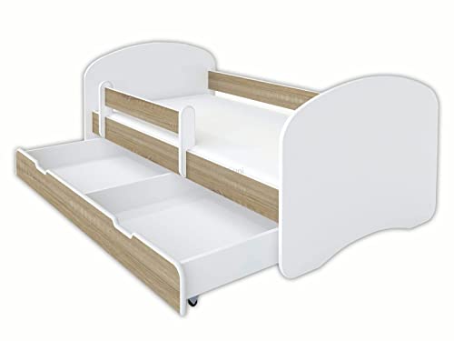 MEBLEX Jugendbett Kinderbett mit Rausfallschutz Matratze Schubladen und Lattenrost Kinderbetten für Mädchen und Junge 140x70cm oder 160x80cmKinder Bett (160x80cm, Weiß/Sonoma) von MEBLEX