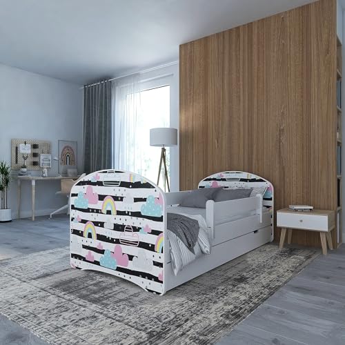 MEBLEX Jugendbett Kinderbett mit Rausfallschutz Matratze Schubladen und Lattenrost Kinderbetten für Mädchen und Junge 140x70cm oder 160x80 cm (Rainbow, 160x80) von MEBLEX