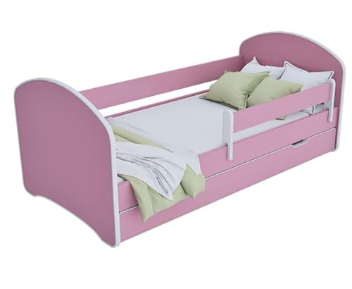 MEBLEX Jugendbett Kinderbett mit Rausfallschutz Matratze Schubladen und Lattenrost Kinderbetten für Mädchen und Junge 140x70cm,Kinder Bett mit eingebautem Kopfteil (140x70cm, Alles Rosa) von MEBLEX