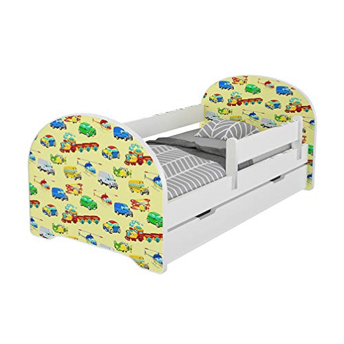 MEBLEX Jugendbett Kinderbett mit Rausfallschutz Matratze Schubladen und Lattenrost Kinderbetten für Mädchen und Junge 140x70cm oder 160x80cmKinder Bett mit eingebautem Kopfteil (160x80cm, Vehicles) von MEBLEX