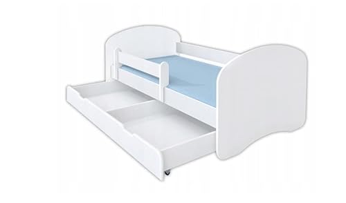 Meblex Bett für Kinder Jugendbett mit Matratzenschutz gegen das Rutschen Schubfach und Federholzleisten Kinderbett für alle mit integriertem Kopfelement 140x70 cm Farbe Weiß von MEBLEX