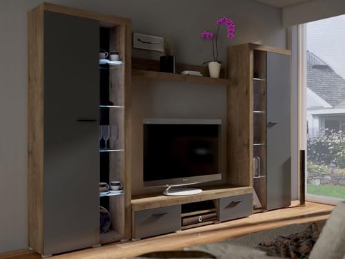 MEBLINE Wall Unit Rumba XL – Wohnwand Wohnzimmer RGB – Wohnzimmer Möbel – Wohnwand Modern – Lowboard Wohnzimmer – Wohnzimmer Schrankwand – Wohnzimmer Möbel Modern von MEBLINE