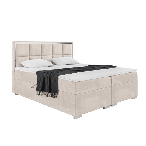 MEBLINI Boxspringbett mit Bettkasten - Gepolstert Doppelbett mit Matratze und Topper - Polsterbett mit Stauraum - Bett mit Kopfteil - Dani Silver - 140x200 - H4/Beige Samt von MEBLINI