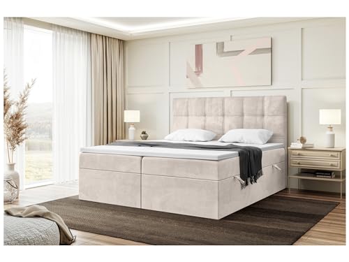 MEBLINI Boxspringbett mit Bettkasten - Gepolstert Doppelbett mit Matratze und Topper - Polsterbett mit Stauraum - Bett mit Kopfteil - Kai - 180x200 - H3/Beige Samt von MEBLINI