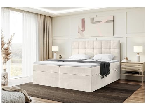 MEBLINI Boxspringbett mit Bettkasten - Gepolstert Doppelbett mit Matratze und Topper - Polsterbett mit Stauraum - Bett mit Kopfteil - Kai - 180x200 - H3/Creme Samt von MEBLINI