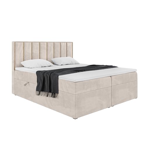 MEBLINI Boxspringbett mit Bettkasten - Gepolstert Doppelbett mit Matratze und Topper - Polsterbett mit Stauraum - Bett mit Kopfteil - Noah - 180x200 - H4/Beige Samt von MEBLINI