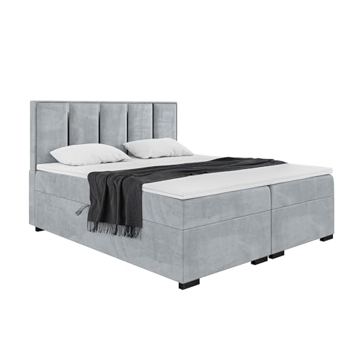 MEBLINI Boxspringbett mit Bettkasten - Gepolstert Doppelbett mit Matratze und Topper - Polsterbett mit Stauraum - Bett mit Kopfteil - Stauraumbett - Antonio Black - 200x220 - H4/Hellgrau Samt von MEBLINI