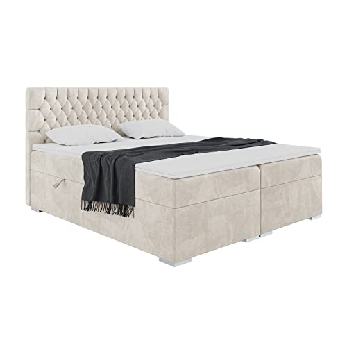 MEBLINI Boxspringbett mit Bettkasten - Gepolstert Doppelbett mit Matratze und Topper - Polsterbett mit Stauraum - Bett mit Kopfteil - Stauraumbett - Dalia - 180x200 - H3/Creme Samt von MEBLINI