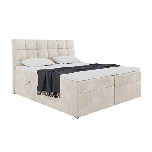 MEBLINI Boxspringbett mit Bettkasten - Gepolstert Doppelbett mit Matratze und Topper - Polsterbett mit Stauraum - Bett mit Kopfteil - Stauraumbett - Drago - 140x200 - H3/Creme Samt von MEBLINI