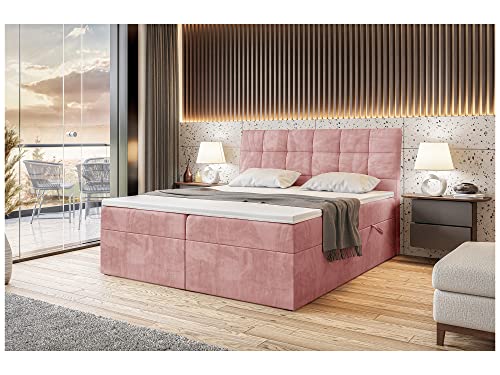 MEBLINI Boxspringbett mit Bettkasten - Gepolstert Doppelbett mit Matratze und Topper - Polsterbett mit Stauraum - Bett mit Kopfteil - Stauraumbett - Drago - 140x200 - H3/Rosa Samt von MEBLINI