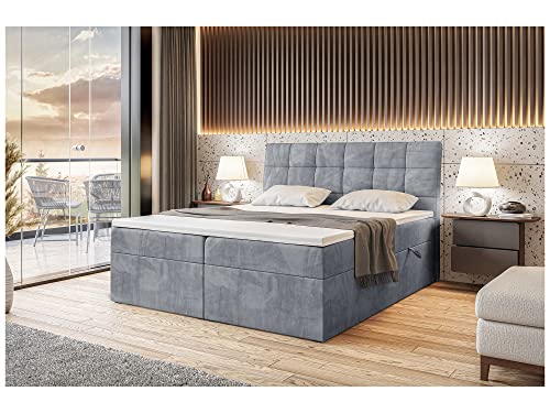 MEBLINI Boxspringbett mit Bettkasten - Gepolstert Doppelbett mit Matratze und Topper - Polsterbett mit Stauraum - Bett mit Kopfteil - Stauraumbett - Drago - 140x200 - H4/Grau Samt von MEBLINI