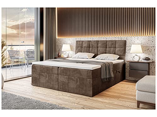 MEBLINI Boxspringbett mit Bettkasten - Gepolstert Doppelbett mit Matratze und Topper - Polsterbett mit Stauraum - Bett mit Kopfteil - Stauraumbett - Drago - 160x200 - H3/Braun Samt von MEBLINI