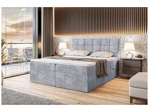 MEBLINI Boxspringbett mit Bettkasten - Gepolstert Doppelbett mit Matratze und Topper - Polsterbett mit Stauraum - Bett mit Kopfteil - Stauraumbett - Drago - 180x200 - H3/Hellgrau Samt von MEBLINI