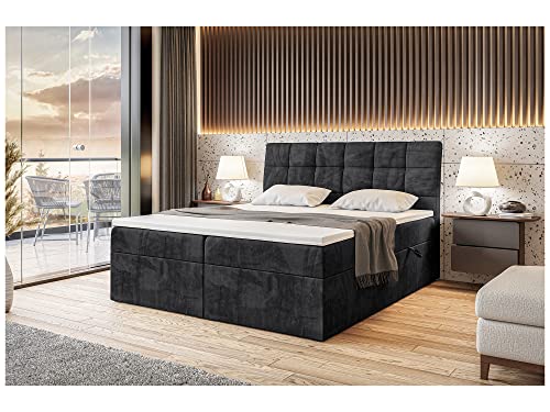 MEBLINI Boxspringbett mit Bettkasten - Gepolstert Doppelbett mit Matratze und Topper - Polsterbett mit Stauraum - Bett mit Kopfteil - Stauraumbett - Drago - 180x200 - H3/Schwarz Samt von MEBLINI