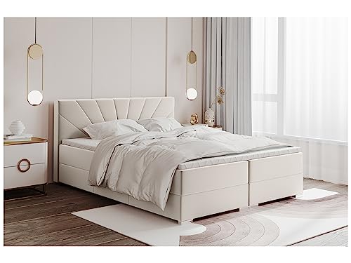 MEBLINI Boxspringbett mit Bettkasten - Gepolstert Doppelbett mit Matratze und Topper - Polsterbett mit Stauraum - Bett mit Kopfteil - Stauraumbett - John - 180x200 - H3P/Creme Samt von MEBLINI