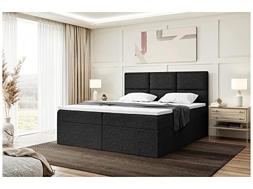 MEBLINI Boxspringbett mit Bettkasten - Gepolstert Doppelbett mit Matratze und Topper - Polsterbett mit Stauraum - Bett mit Kopfteil - Stauraumbett - KYLIAN - 160x200 - H3/Schwarz Webstoff von MEBLINI