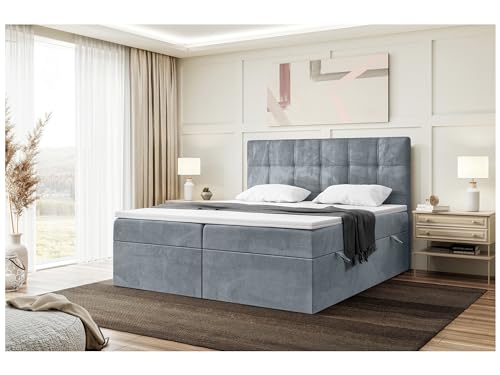 MEBLINI Boxspringbett mit Bettkasten - Gepolstert Doppelbett mit Matratze und Topper - Polsterbett mit Stauraum - Bett mit Kopfteil - Stauraumbett - Kai - 200x220 - H3/Grau Samt von MEBLINI