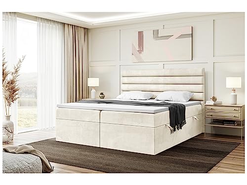 MEBLINI Boxspringbett mit Bettkasten - Gepolstert Doppelbett mit Matratze und Topper - Polsterbett mit Stauraum - Bett mit Kopfteil - Stauraumbett - Karim - 140x200 - H4/Creme Samt von MEBLINI