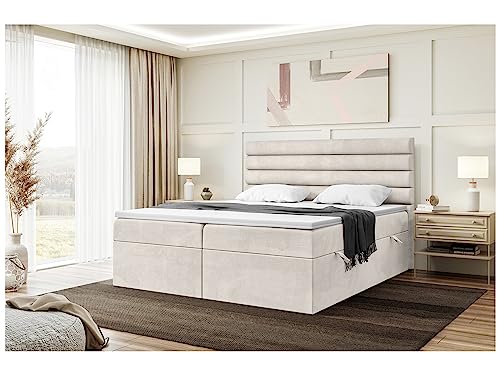 MEBLINI Boxspringbett mit Bettkasten - Gepolstert Doppelbett mit Matratze und Topper - Polsterbett mit Stauraum - Bett mit Kopfteil - Stauraumbett - Karim - 160x200 - H3/Beige Samt von MEBLINI