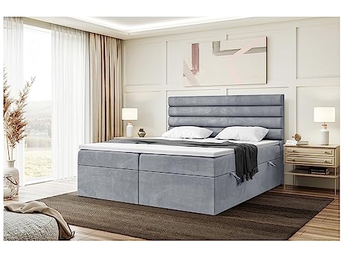 MEBLINI Boxspringbett mit Bettkasten - Gepolstert Doppelbett mit Matratze und Topper - Polsterbett mit Stauraum - Bett mit Kopfteil - Stauraumbett - Karim - 160x200 - H3/Grau Samt von MEBLINI