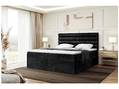 MEBLINI Boxspringbett mit Bettkasten - Gepolstert Doppelbett mit Matratze und Topper - Polsterbett mit Stauraum - Bett mit Kopfteil - Stauraumbett - Karim - 160x200 - H3/Schwarz Samt von MEBLINI