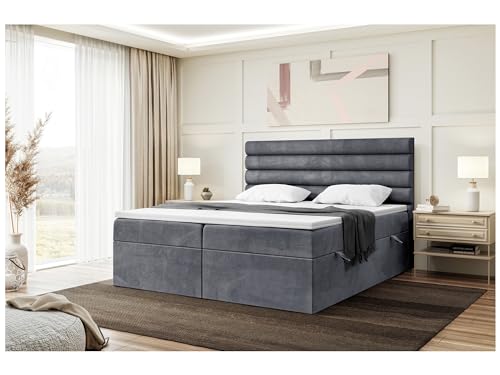 MEBLINI Boxspringbett mit Bettkasten - Gepolstert Doppelbett mit Matratze und Topper - Polsterbett mit Stauraum - Bett mit Kopfteil - Stauraumbett - Karim - 160x220 - H3/Dunkelgrau Samt von MEBLINI