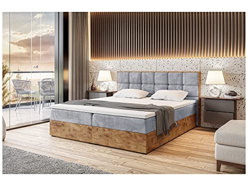 MEBLINI Boxspringbett mit Bettkasten - Gepolstert Doppelbett mit Matratze und Topper - Polsterbett mit Stauraum - Bett mit Kopfteil - Stauraumbett - Lofty 1-160x200 - H3/Hellgrau Samt von MEBLINI