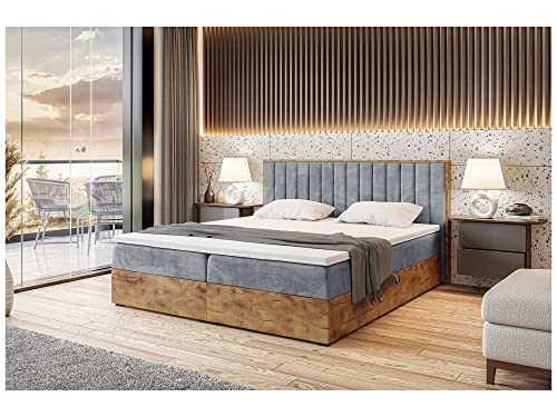 MEBLINI Boxspringbett mit Bettkasten - Gepolstert Doppelbett mit Matratze und Topper - Polsterbett mit Stauraum - Bett mit Kopfteil - Stauraumbett - Lofty 4-160x200 - H3/Grau Samt von MEBLINI