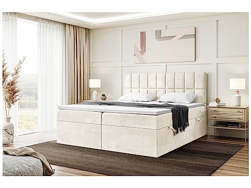 MEBLINI Boxspringbett mit Bettkasten - Gepolstert Doppelbett mit Matratze und Topper - Polsterbett mit Stauraum - Bett mit Kopfteil - Stauraumbett - Lukas - 140x200 - H3/Creme Samt von MEBLINI