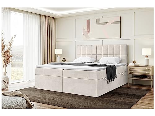 MEBLINI Boxspringbett mit Bettkasten - Gepolstert Doppelbett mit Matratze und Topper - Polsterbett mit Stauraum - Bett mit Kopfteil - Stauraumbett - Lukas - 140x200 - H4/Beige Samt von MEBLINI