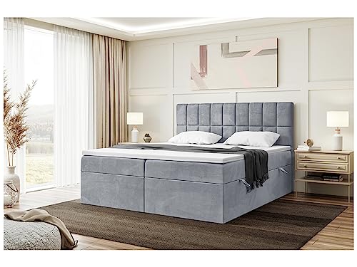MEBLINI Boxspringbett mit Bettkasten - Gepolstert Doppelbett mit Matratze und Topper - Polsterbett mit Stauraum - Bett mit Kopfteil - Stauraumbett - Lukas - 160x200 - H4/Grau Samt von MEBLINI