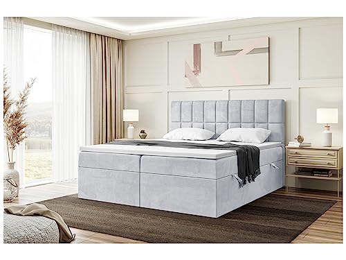 MEBLINI Boxspringbett mit Bettkasten - Gepolstert Doppelbett mit Matratze und Topper - Polsterbett mit Stauraum - Bett mit Kopfteil - Stauraumbett - Lukas - 180x200 - H4/Hellgrau Samt von MEBLINI