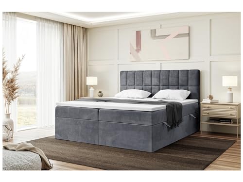 MEBLINI Boxspringbett mit Bettkasten - Gepolstert Doppelbett mit Matratze und Topper - Polsterbett mit Stauraum - Bett mit Kopfteil - Stauraumbett - Lukas - 180x220 - H4/Dunkelgrau Samt von MEBLINI