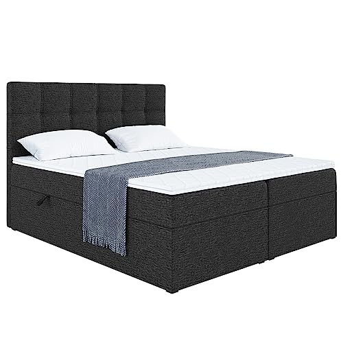 MEBLINI Boxspringbett mit Bettkasten - Gepolstert Doppelbett mit Matratze und Topper - Polsterbett mit Stauraum - Bett mit Kopfteil - Stauraumbett - NILS - 180x200 - H3/Schwarz Webstoff von MEBLINI