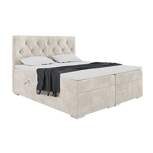 MEBLINI Boxspringbett mit Bettkasten - Gepolstert Doppelbett mit Matratze und Topper - Polsterbett mit Stauraum - Bett mit Kopfteil - Stauraumbett - Roma - 140x200 - H3/Creme Samt von MEBLINI