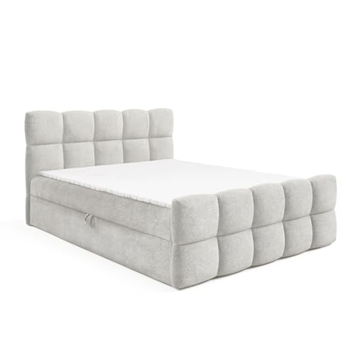 MEBLINI Boxspringbett mit Bettkasten - Gepolstert Doppelbett mit Matratze und Topper - Polsterbett mit Stauraum - Bett mit Kopfteil - Stauraumbett - VALENTO - 140x200 - H3/Hellgrau Boucle von MEBLINI