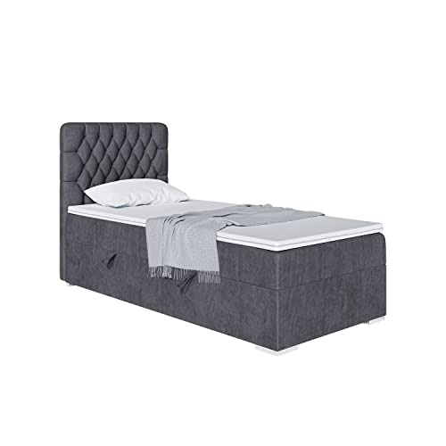 MEBLINI Boxspringbett mit Bettkasten - Gepolstert Einzelbett mit Matratze und Topper - Polsterbett mit Stauraum - Bett mit Kopfteil - Stauraumbett - Dalia - 90x200 Rechts - H3/Dunkelgrau Samt von MEBLINI