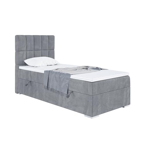 MEBLINI Boxspringbett mit Bettkasten - Gepolstert Einzelbett mit Matratze und Topper - Polsterbett mit Stauraum - Bett mit Kopfteil - Stauraumbett - Lukas - 100x200 Links - H3/Grau Samt von MEBLINI