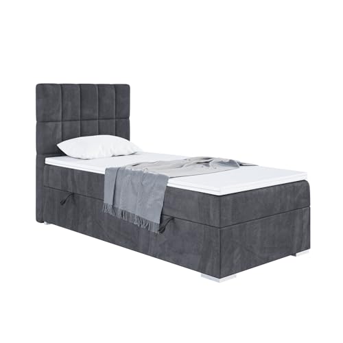 MEBLINI Boxspringbett mit Bettkasten - Gepolstert Einzelbett mit Matratze und Topper - Polsterbett mit Stauraum - Bett mit Kopfteil - Stauraumbett - Lukas - 90x200 Links - H3/Dunkelgrau Samt von MEBLINI
