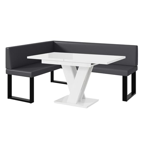 MEBLINI Eckbank für Esszimmer mit ausziehbarem Tisch - Küchenbank - Essecke - Sitzecke Küche - ERIC - U-Beine 128x168x87cm Links - Grau Kunstleder/M Weiß Hochgl. von MEBLINI