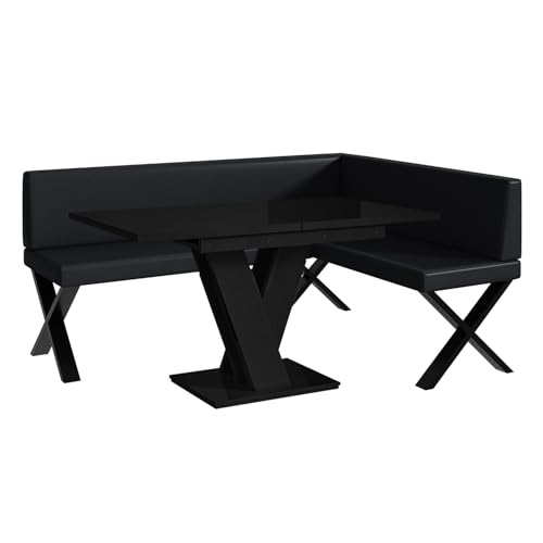 MEBLINI Eckbank für Esszimmer mit ausziehbarem Tisch - Küchenbank - Essecke - Sitzecke Küche - ERIC - X-Beine 128x168x87cm Rechts - Schwarz Kunstleder/M Schwarz Hochgl. von MEBLINI
