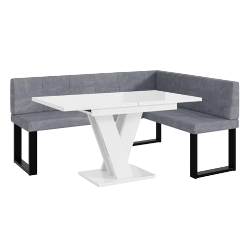 MEBLINI Eckbank für Esszimmer mit ausziehbarem Tisch - Küchenbank - Essecke - Sitzecke Küche - Peter - U-Beine 128x168x87cm Rechts - Grau Samt/M Weiß Hochgl. von MEBLINI