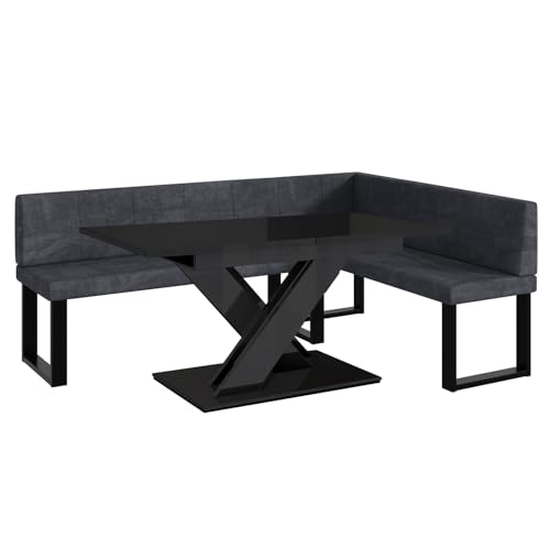 MEBLINI Eckbank für Esszimmer mit ausziehbarem Tisch - Küchenbank - Essecke - Sitzecke Küche - Peter - U-Beine 142x196x87cm Rechts - Dunkelgrau Samt/B Schwarz Hochgl. von MEBLINI