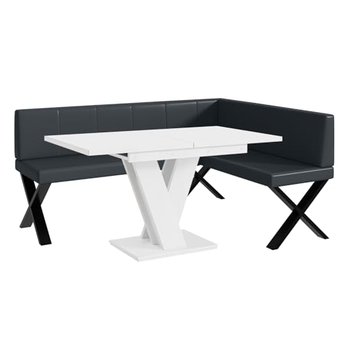 MEBLINI Eckbank für Esszimmer mit ausziehbarem Tisch - Küchenbank - Essecke - Sitzecke Küche - Peter - X-Beine 128x168x87cm Rechts - Dunkelgrau Kunstleder/M Weiß Matt von MEBLINI