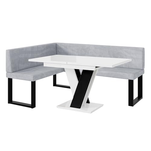 MEBLINI Eckbank für Esszimmer mit ausziehbarem Tisch - Küchenbank - Essecke - Sitzecke Küche - Toni - U-Beine 128x168x87cm Links - Hellgrau Samt/M Weiß-Schwarz Hochgl. von MEBLINI