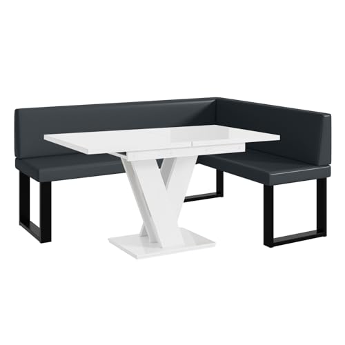 MEBLINI Eckbank für Esszimmer mit ausziehbarem Tisch - Küchenbank - Essecke - Sitzecke Küche - Toni - U-Beine 128x168x87cm Rechts - Dunkelgrau Kunstleder/M Weiß Hochgl. von MEBLINI