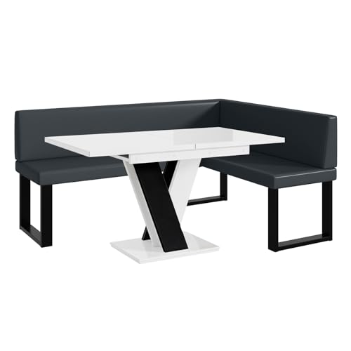 MEBLINI Eckbank für Esszimmer mit ausziehbarem Tisch - Küchenbank - Essecke - Sitzecke Küche - Toni - U-Beine 128x168x87cm Rechts - Dunkelgrau Kunstleder/M Weiß-Schwarz Hochgl. von MEBLINI