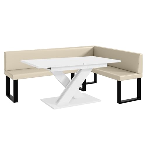 MEBLINI Eckbank für Esszimmer mit ausziehbarem Tisch - Küchenbank - Essecke - Sitzecke Küche - Toni - U-Beine 142x196x87cm Rechts - Creme Kunstleder/B Weiß Matt MEBLINI Eckbank für Esszimmer mit ausziehbarem Tisch - Küchenbank - Essecke - Sitzecke Küche - Toni - U-Beine 142x196x87cm Rechts - Creme Kunstleder/B Weiß Matt von MEBLINI