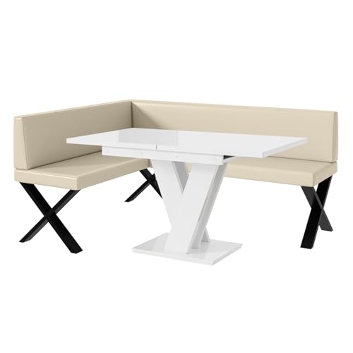 MEBLINI Eckbank für Esszimmer mit ausziehbarem Tisch - Küchenbank - Essecke - Sitzecke Küche - Toni - X-Beine 128x168x87cm Links - Creme Kunstleder/M Weiß Hochgl. von MEBLINI